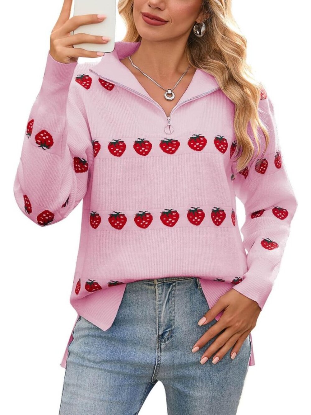 Cozy Women's Half Zip Heart Sweater with Long Sleeves & Side Split Knit Design